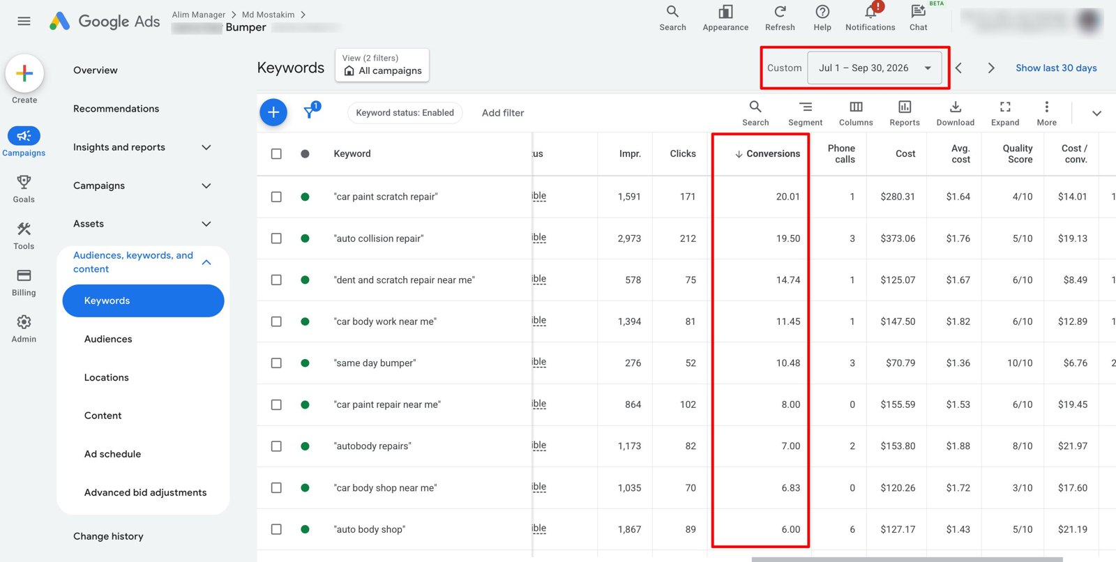 Google Ads keyword report, Jul 1 – Sep 30, 2026, sorted by conversions